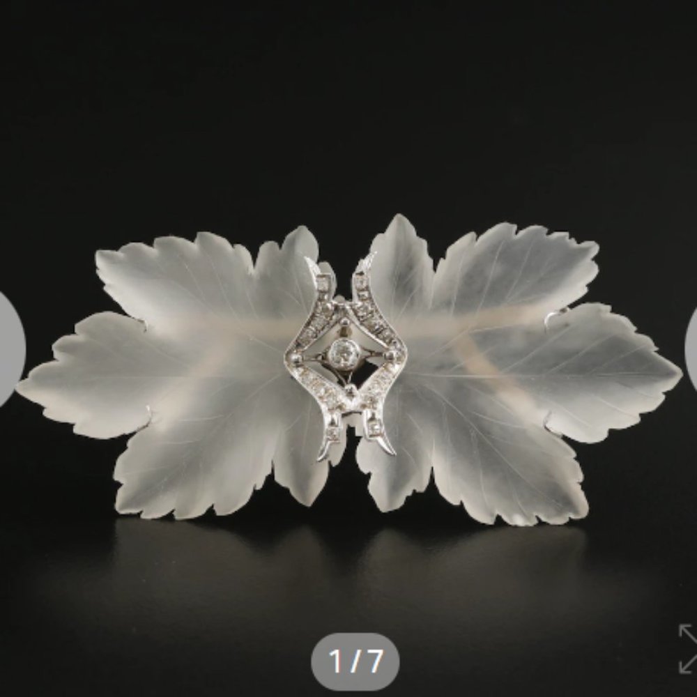 14K Gold Rock Crystal Quartz and Diamond Double Leaf Brooch